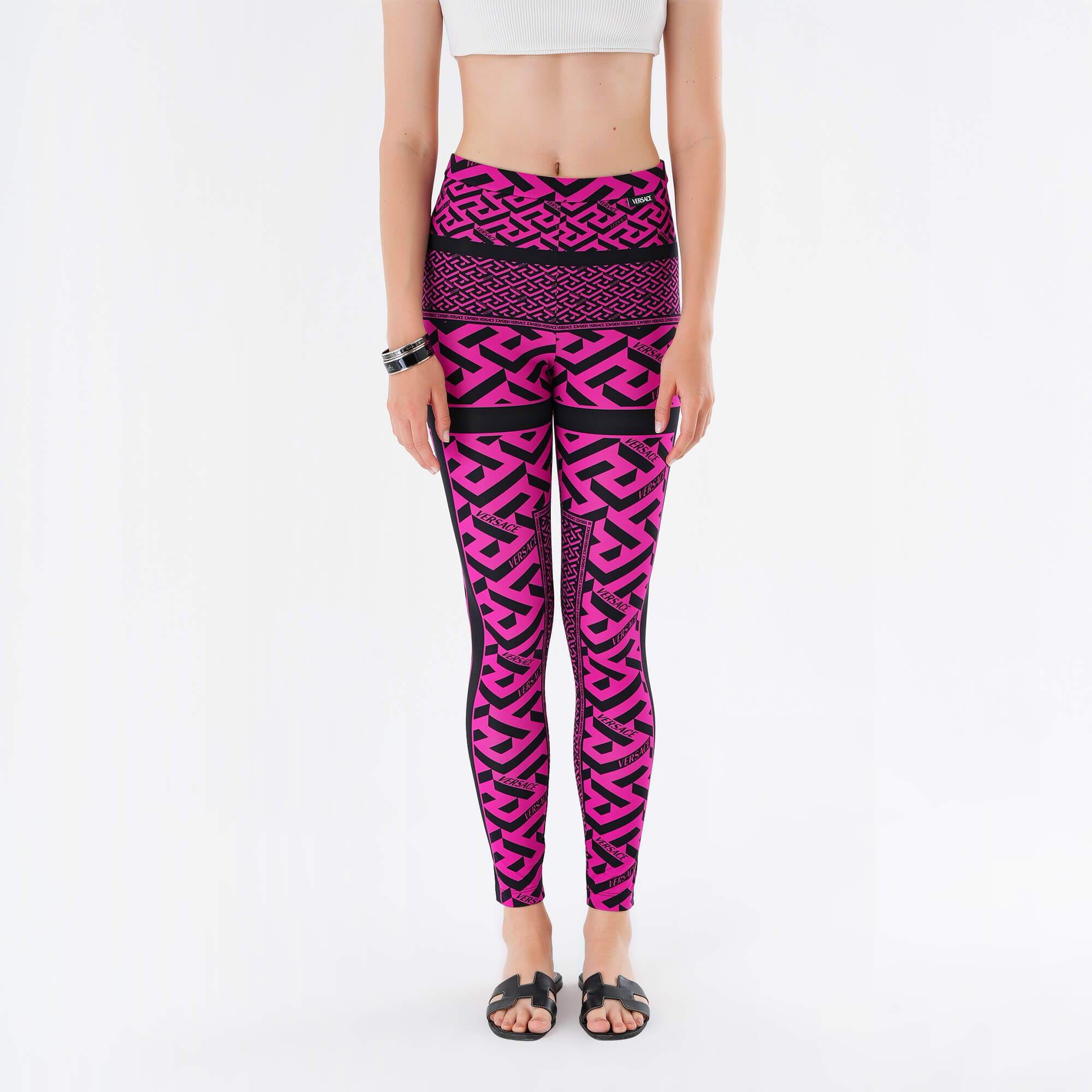 Versace - Fuschia & Black Logo-print stretch-jacquard leggings IT 42